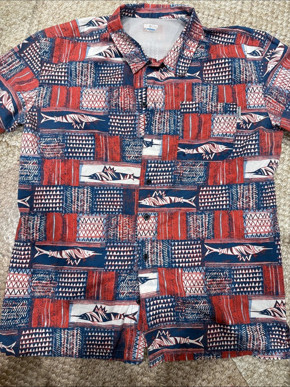 Columbia PFG Red & Navy Short-Sleeve Button-Down Shirt Patriotic Fishing